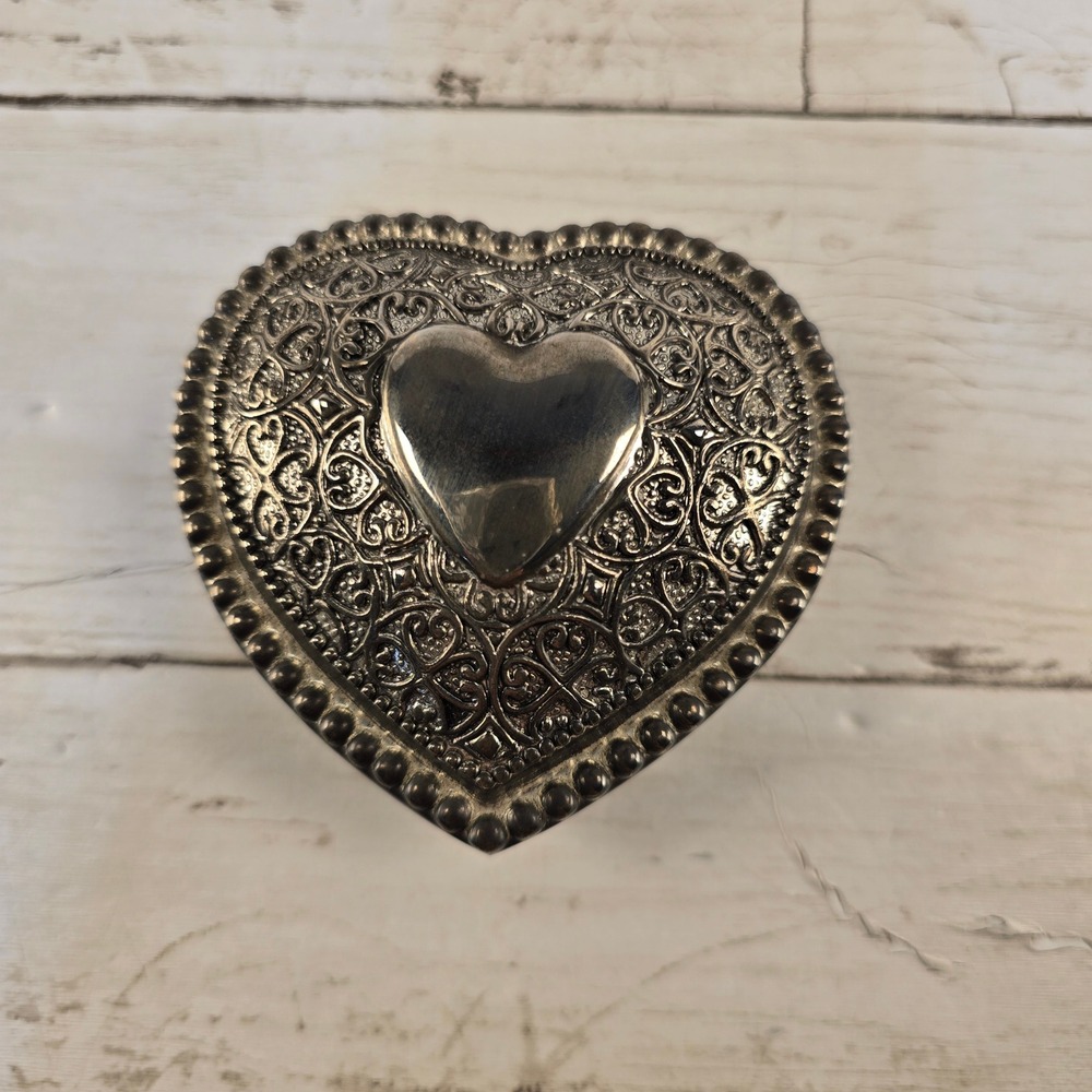 Heritage Mint Silver Tone Heart Shaped Trinket Box Burgundy Velvet Lining Floral